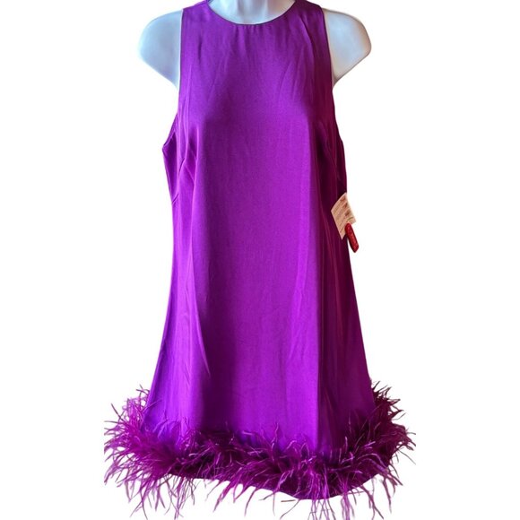 Mac Duggal Ieena Feathered Hem High Neck Sleeveless A-Line Dress Purple Satin 6 - Picture 5 of 13